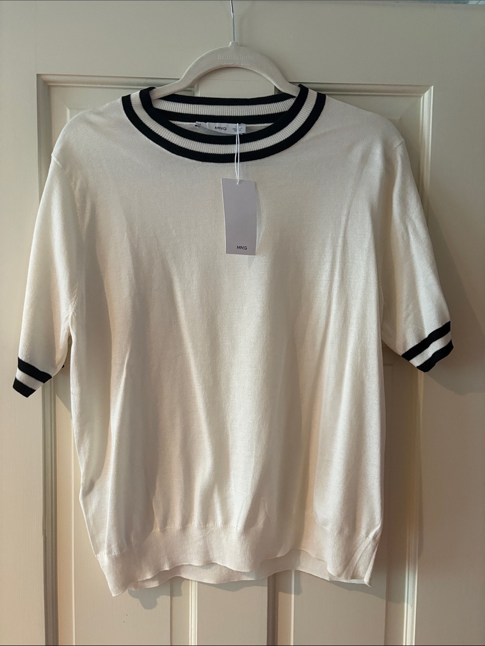 Mango Cream Short Sleeve Knit Top with Black Stripe Trim